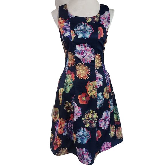 FROCK SHOP Blue Floral Print Fit n Flare Dress w Pockets Womens Size Small Flowy - Picture 1 of 10